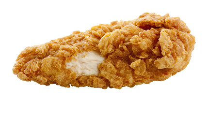 Crispy golden fried chicken tender with visible white meat, isolated on transparent background © iPNG