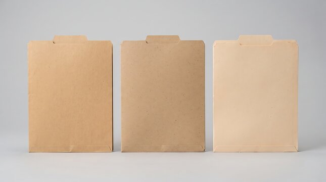 Three blank manila file folders in different shades of brown paper against a neutral gray background