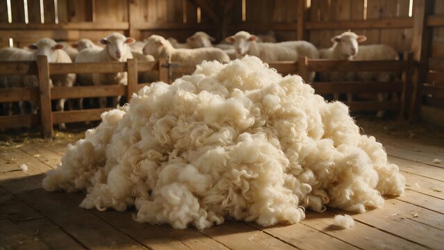 Large pile of freshly harvested sheep wool inside a rustic wooden barn, surrounded by sheep, representing farming, textile production and natural fiber