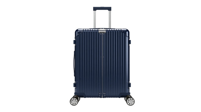 Dark blue ribbed aluminum suitcase with telescopic handle and wheels, isolated on transparent background