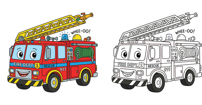 Cute cartoon fire truck with ladder, colorful illustration and black and white coloring page side by side for kids, emergency rescue vehicle character for educational activity