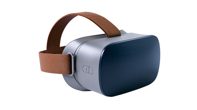 Modern virtual reality headset with brown leather strap, isolated on transparent background