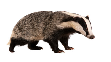 European badger with distinctive black and white striped face, isolated on transparent background © iPNG