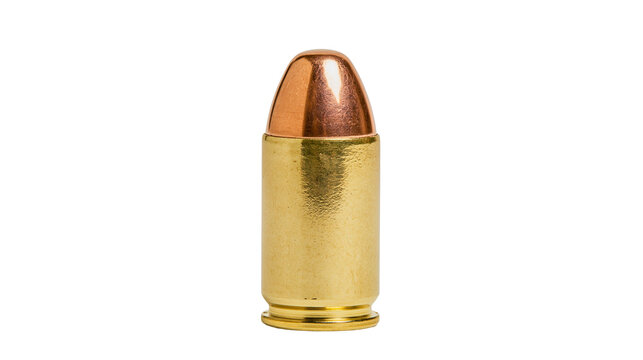 Golden brass bullet casing with copper tip, isolated on transparent background