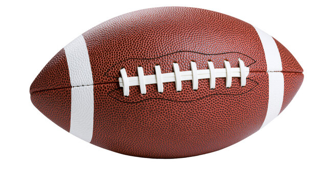 Brown leather American football with white laces and stripes, isolated on transparent background