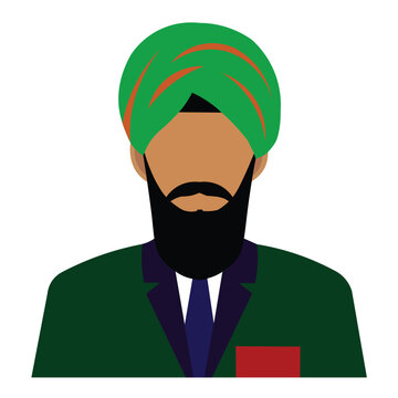 Minimalist flat vector illustration of an Indian Sikh businessman or entrepreneur character wearing a green turban and professional dark green suit blazer with a tie, isolated on a wArt & Illustration