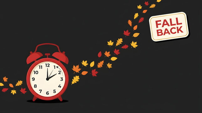 Daylight saving time fall back concept with red alarm clock and swirling autumn leaves on dark background