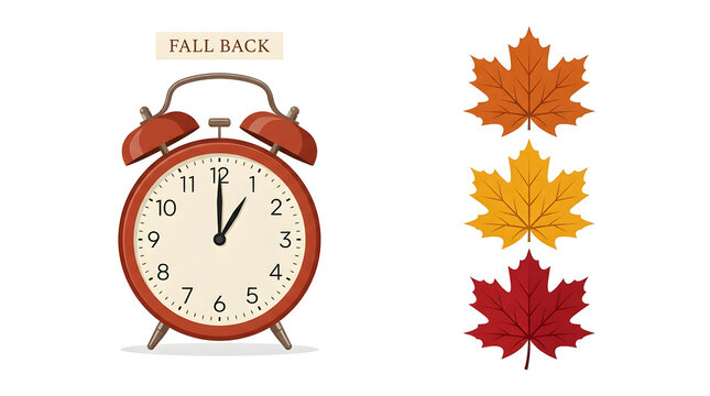 Red alarm clock showing daylight saving time fall back next to colorful autumn maple leaves with daylight