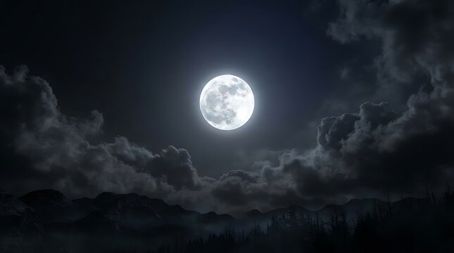 Dramatic full moon peeking through dark stormy clouds in a night sky