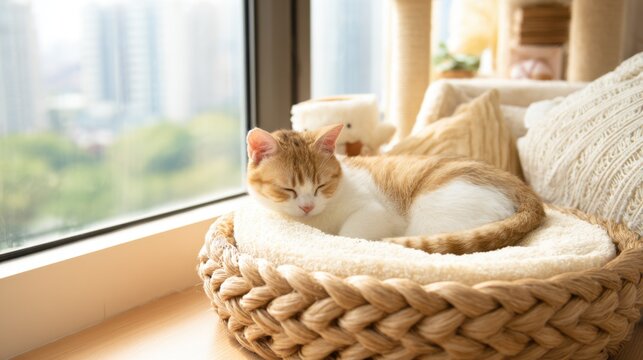 A cozy cat sleeping peacefully in a stylish woven bed by a sunlit window with city views
