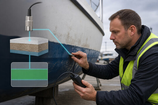 Ultrasonic fiberglass hull thickness survey
