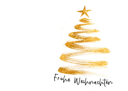 Frohe Weihnachten Feiertag Ferien Gru&szlig;karte, Karte mit deutschem Text - Goldener Tannenbaum Weihnachtsbaum Christbaum Pinselstrich, isoliert auf weissem Hintergrund