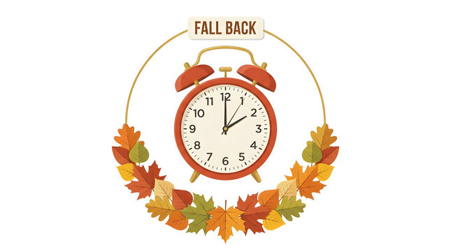 Red alarm clock framed by autumn leaves wreath with daylight saving time fall back banner