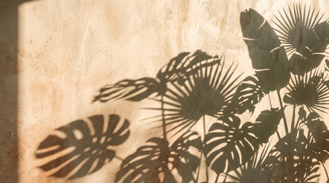 Tropical plant leaf shadows on textured beige stucco wall, monstera and palm leaves, warm golden sunlight, soft natural light, botanical shadow pattern, minimal neutral background, photorealistic 8k, 