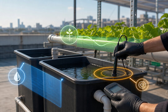 Gloved hands checking nutrient conductivity meter
