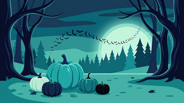 Spooky forest scene with glowing pumpkins and swarm of bats flying past full moon halloween night jack o lantern scary woods dark trees halloween background