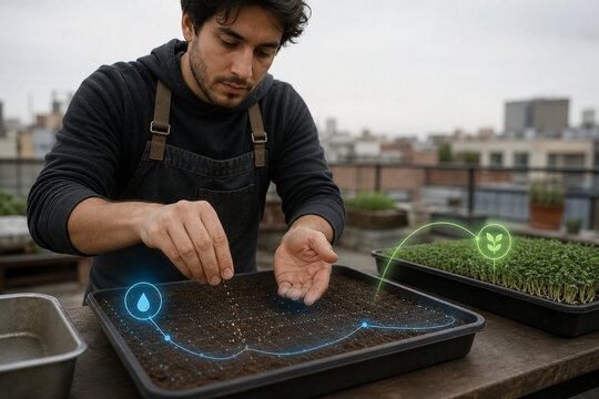 Hands sowing rooftop microgreen seeds