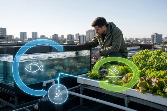 Rooftop aquaponic fish tank water cycle check