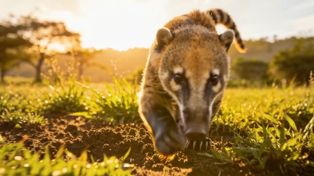 coatimundi adult searching food in the grass in costa rica at golden hour