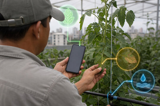 Worker photographing rooftop tomato leaf health