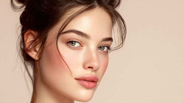 Close-up of a Young Woman with Natural Make-up and Elegant Hair Style