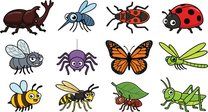 Cute Cartoon Insect and Bug Sticker Vector Set Featuring Rhinoceros Beetle Mosquito Firebug Ladybug Housefly Purple Spider Monarch Butterfly Dragonfly Honey Bee Wasp Ant Carrying Leaf and Grasshopper
