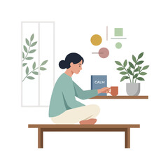 Fototapeta premium Young woman relaxing at home with tea and book for mental wellness and mindfulness