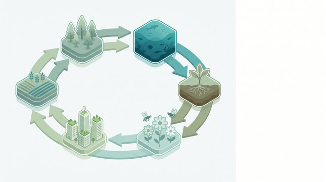Circular economy diagram loop showing forest, water, garden, city, and agriculture stages connected by sustainable resource arrows