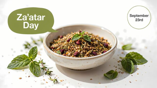 Bowl of healthy zaatar herb spice mix with fresh leaves for zaatar day on september 23rd