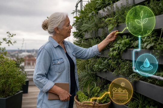 Older volunteer checking rooftop herb wall