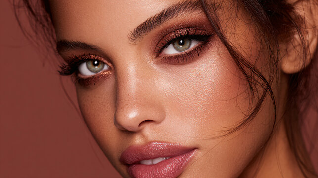 Close-up portrait of a young woman with striking eye makeup and smooth skin against pink background