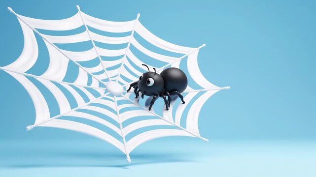 A charming 3D animated black spider with big eyes on a white spiderweb against a blue background. The character blinks and moves slightly, creating a whimsical and engaging animation.