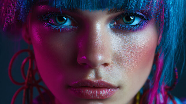 Close-up portrait of a young woman with colorful dyed hair and vibrant makeup under neon lighting
