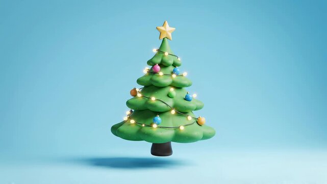 A charming 3D animated Christmas tree with colorful ornaments and twinkling lights on a blue background. Perfect for holiday projects.