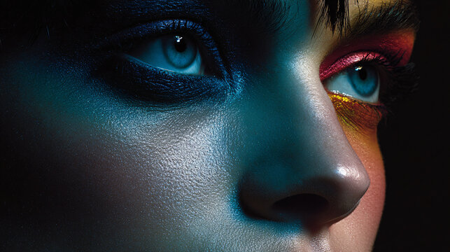 Close-up of a woman's face with vibrant colorful eye makeup and piercing blue eyes