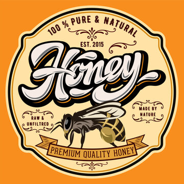 Vintage Emblem Featuring a Detailed Illustration of a Honey Bee with Pollen Sacs and Decorative Swirls and Ornate Filigree against a Warm Background.