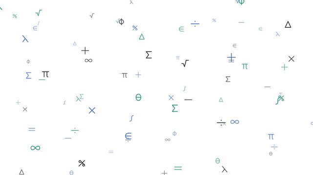 Abstract math symbols fly across screen on white background education or science concept.