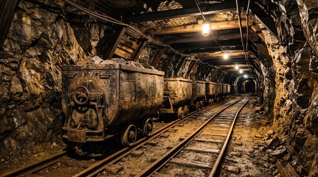 Abandoned mining train in a dark underground tunnel.