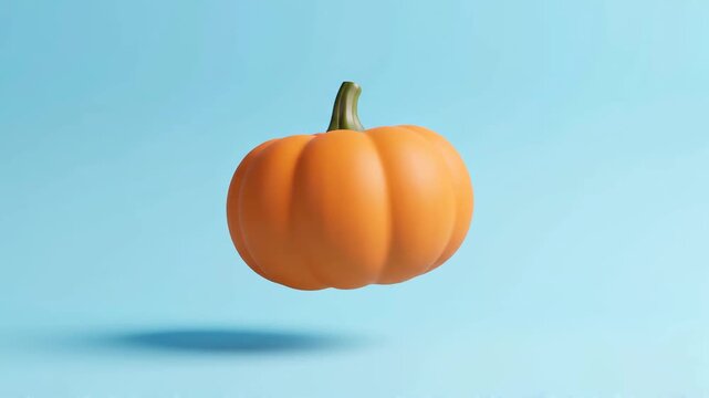 A charming 3D animation features an orange pumpkin with a playful carved face, then transforms into a smooth, uncarved pumpkin, set against a vibrant blue backdrop. Perfect for Halloween themes.