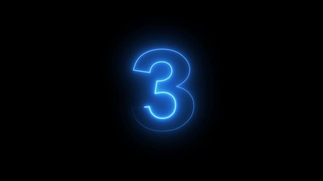 Electric blue neon number three glowing symbol isolated on black background, for modern digital, countdown timer, cinematic, motion technology interface, and dynamic broadcast