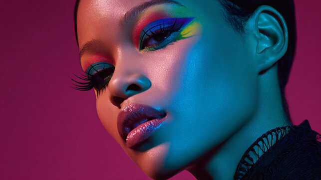 Close-up of a woman with colorful makeup and glowing skin under vibrant lighting