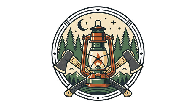 Vintage camping lantern and crossed axes emblem surrounded by pine forest and moon with oil lamp outdoor badge camping logo retro emblem survival gear pine trees