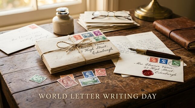 Vintage letters and postal stamps on a wooden table with fountain pen