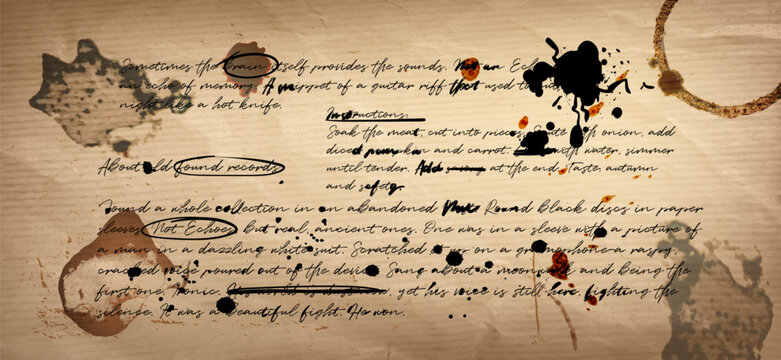 Vintage handwritten letter on crumpled paper background. Vector realistic illustration of retro style draft message text with grunge ink or cup stains, old document on wrinkled brown parchment