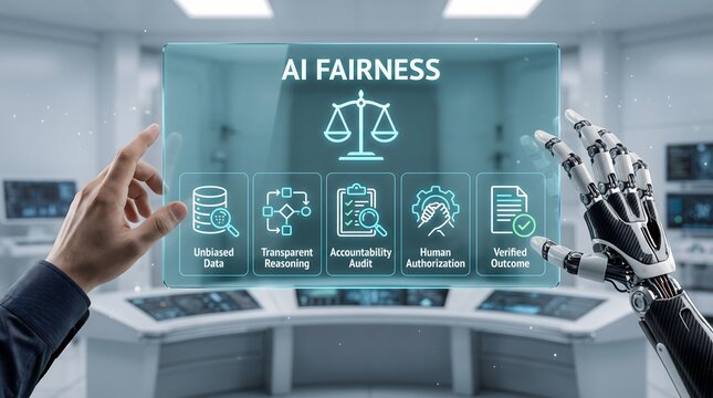 Human and robot hands touching a digital AI fairness dashboard showing artificial intelligence ethics transparency and unbiased data algorithms