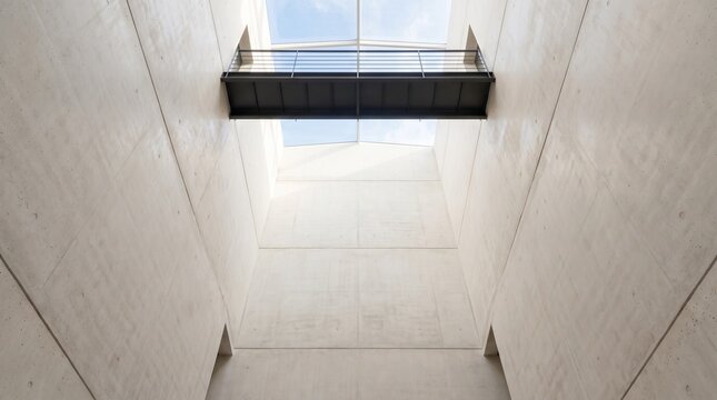 Modern architectural design with a minimalist aesthetic, showcasing a stark concrete interior with a suspended walkway. The geometric lines and open skyview create a sense of depth and modernism.