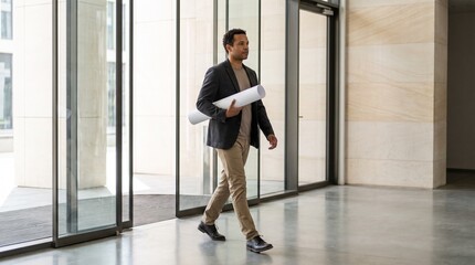Fototapeta premium An architect in a suit walking with blueprints in his hand through a modern building lobby.