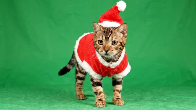 A charming Bengal cat dressed in a full Santa Claus costume and hat walks slowly on a green screen. This footage is perfect for holiday-themed projects.