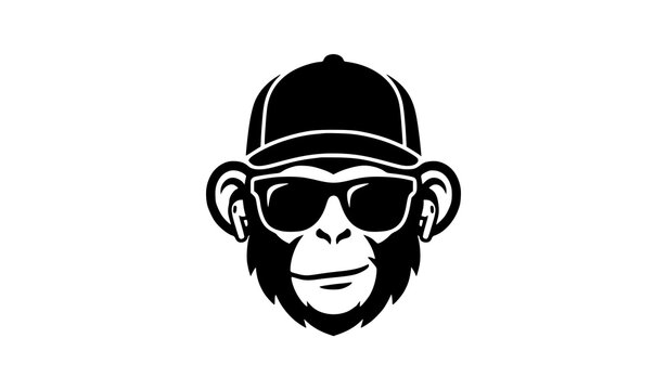 Stylized Monkey Mascot Head with Cap Sunglasses and Wireless Earbuds Vector
