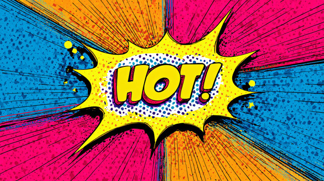 Vibrant comic book style explosion background with the word "HOT!" in bold letters